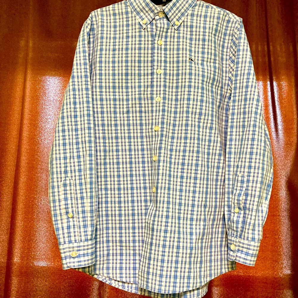 Vineyard vines boys 16 button-down Longsleeved white and blue plaid shirt
